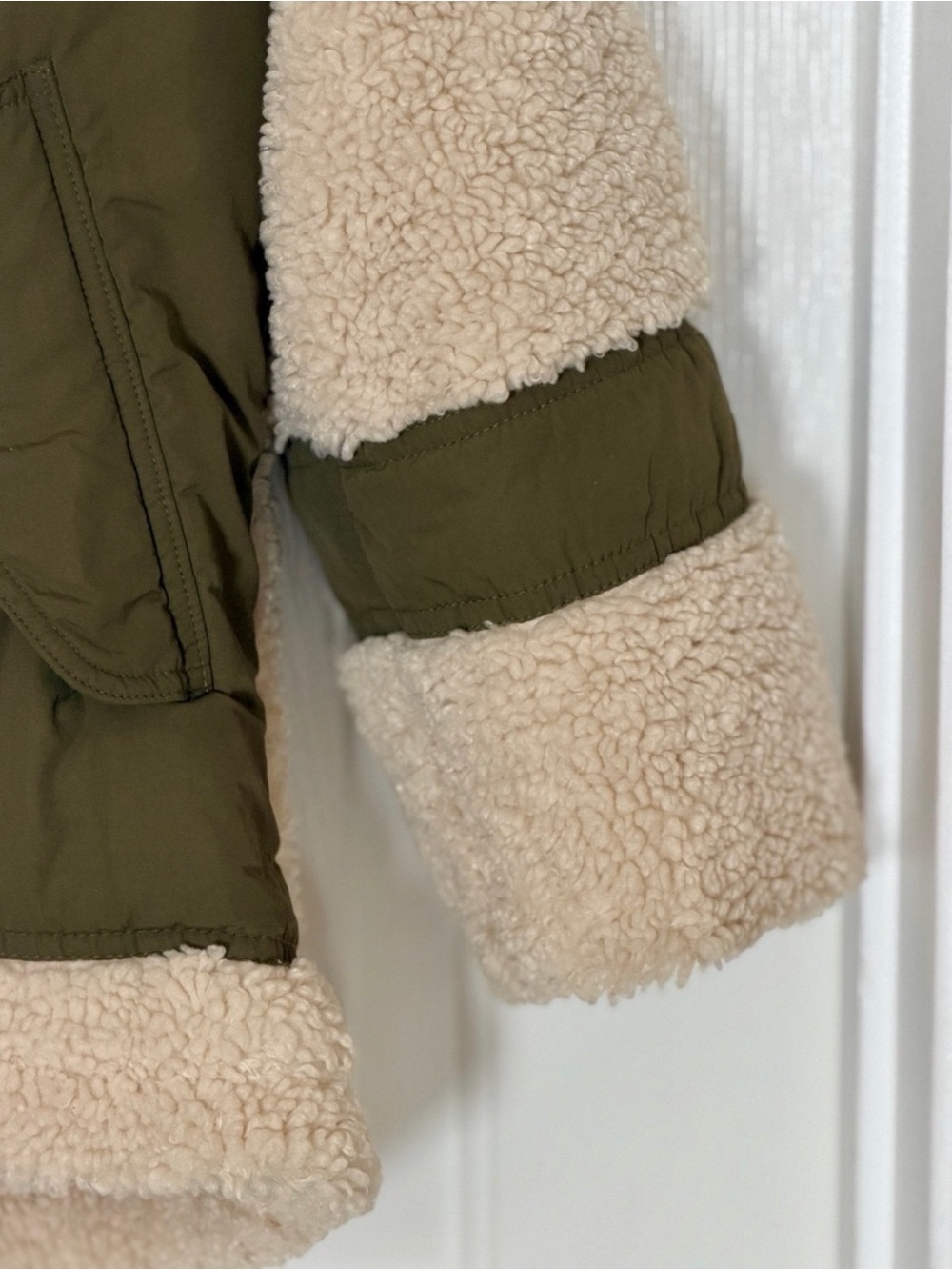 Anthropologie Pilcro Sherpa Fleece Jacket Small Cream Olive Colorblock Utility - Picture 7 of 15